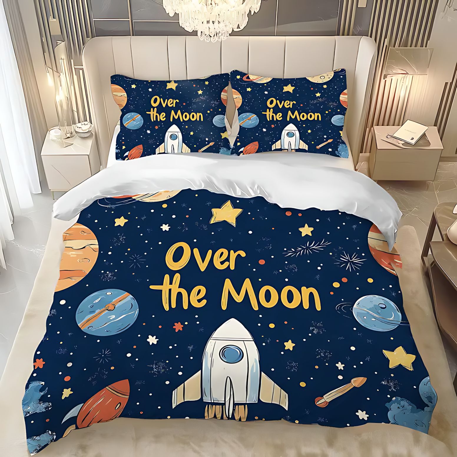 TEMU / JIT transfronterizo dibujos animados tema espacial impresión digital HD suave edredón transpirable kit de funda de almohada