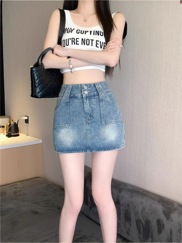 Jeans skirt women summer lettered skirt short skirt maxi skirt washed retro high-waisted slimming distressed hot pants short skirt