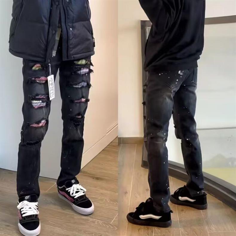 ​​Men's Slim Fit Distressed Patchwork Jeans - High Street Style Black Skinny Ripped Denim Pants For Casual Wear​​_mkmklike.com