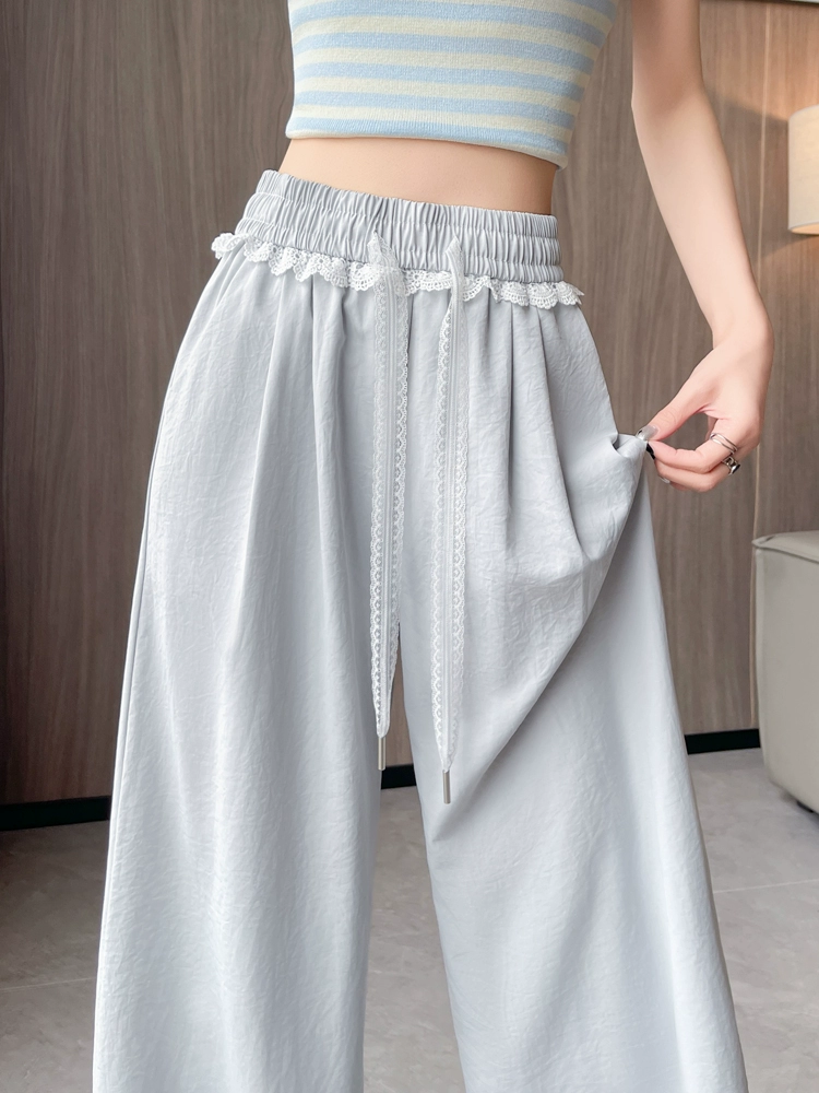 Широкие женские брюки из ледяного шелка с кружевной отделкой, летние тонкие утягивающие свободные брюки с высокой талией и прямой драпировкой длиной до пола для миниатюрных фигур.