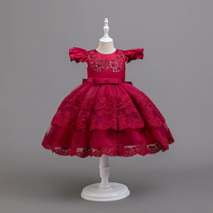 Girls Mesh Floral Embroidery Princess Fluffy Little Flying Sleeves Princess Dress New Children's Clothing Dress