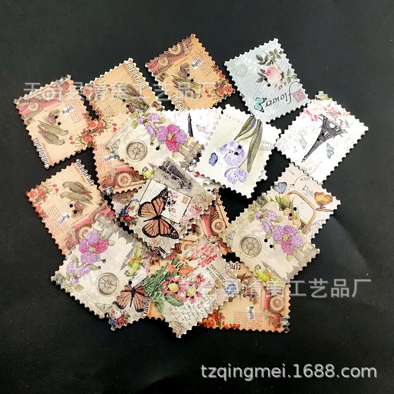 30*38mm botones de bricolaje fondo blanco estilo torre postal fondo blanco botones de madera pintados 50 piezas en un paquete