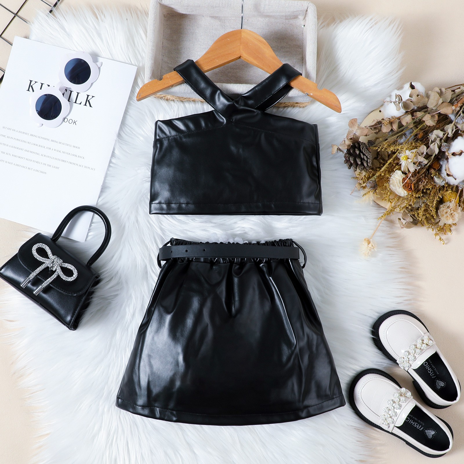 (2개) 국경 간 대외 무역 여름 새로운 유럽과 미국 소녀 솔리드 컬러 카미 솔 조끼 다이아몬드 박힌 PU 가죽 스커트 벨트 세트