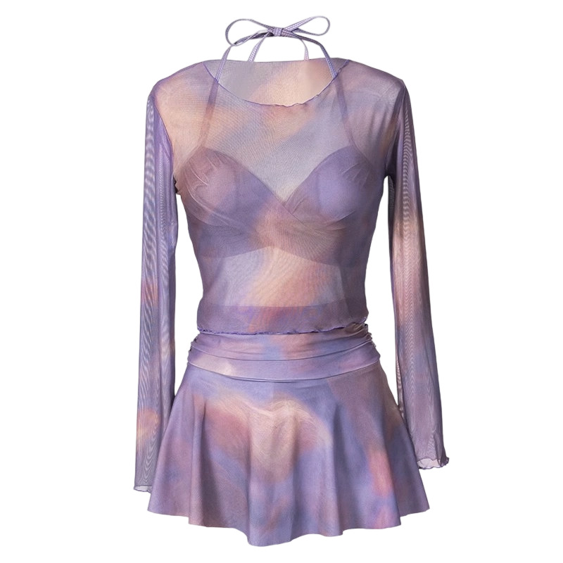 2025 nuevo traje de baño femenino dividido traje de baño de tres piezas sexy púrpura gasa de red bikini spa traje de baño de vacaciones al por mayor