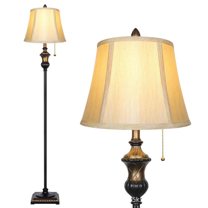 Medieval vintage living room floor lamp with bronze-colored fabric lampshade and zipper switch, suitable for bedroom and office