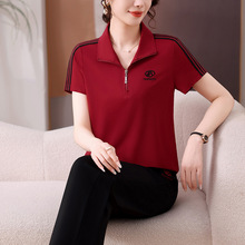 品牌女式绣花时尚休闲套装2025新款妈妈夏季短袖翻领运动服两件套