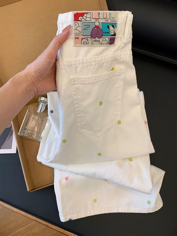 白色重工花朵刺绣牛仔裤女2025新款高腰宽松直筒显瘦阔腿裤子减龄|undefined
