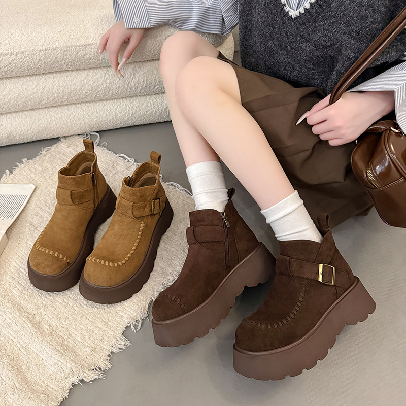 Height-Increasing Thick-Soled Birkenstock Shoes for Women 2025 Autumn and Winter New Single Boots Retro Boots Versatile Slimming Look Casual Short Boots for Women