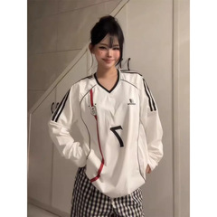 アメリカのスポーツtシャツの女性の早春のリボンは色にぶつかって長袖のoversizeのゆったりしているカジュアルなカップルのvネックの上着をつなぎ合わせます。