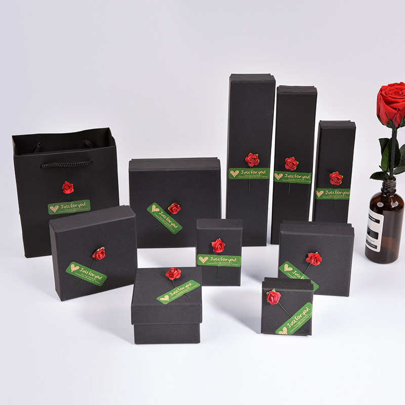 黑色牛皮纸复古玫瑰花饰品盒子戒指耳环项链耳钉吊坠礼品包装盒