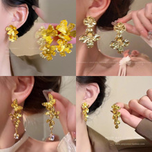欧美金色耳环高级大气金属冷淡夸张花朵轻奢耳饰港风气质复古耳钉