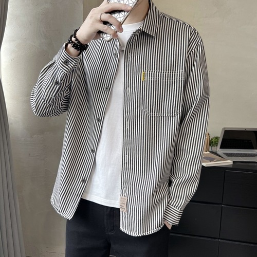 Spring and Autumn Simple and Versatile Personality Men's Fashion Lazy New Trend Cool Bad Boy Versatile Striped Men's Long-Sleeve Shirt