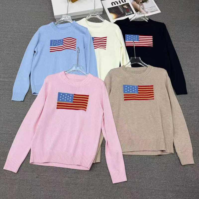 Explosive American flag embroidered five-pointed star sweater women 2024 autumn and winter loose Korean plus size sweater jacket wholesale Explosive American flag embroidered five-pointed star sweater women 2024 autumn and winter loose Korean plus size sweater jacket wholesale