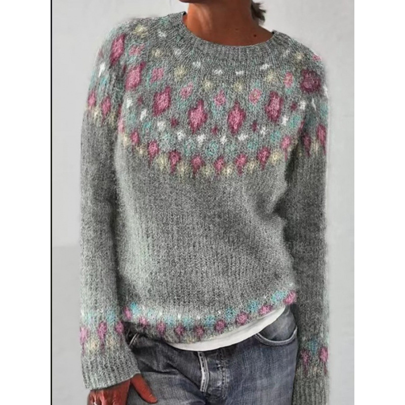 Amazon European and American New Knitwear Women's Wish Hot-Selling Round Neck Color Matching Loose Fashion Pullover Knitwear
