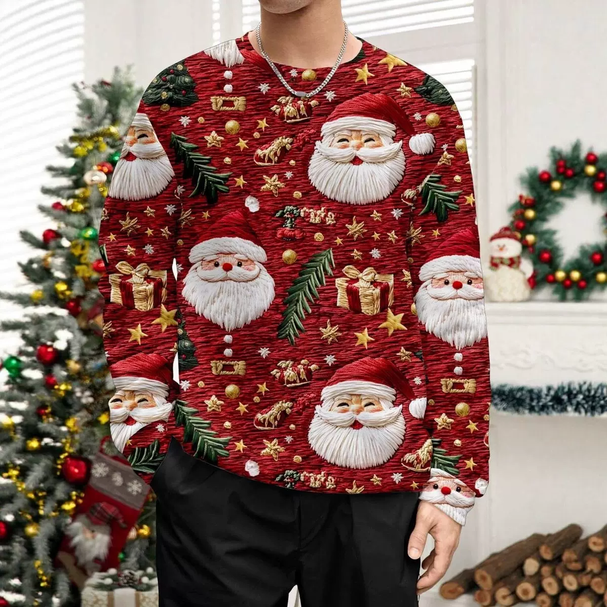 跨境外贸亚马逊圣诞节秋冬新款慵懒宽松3D数码印花男士欧码卫衣男