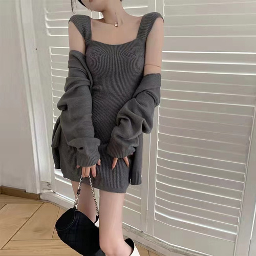 Korean Chic Autumn/Winter Retro Cardigan Long-Sleeve Knitted Sweater Coat + Square-Neck Slimming Strap Dress