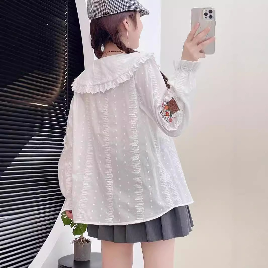 (2개) 2024 년 가을 새로운 여성 옷깃 일본면 및 리넨 셔츠 루즈 셔츠 올매치 자수 예술적 스타일 탑 모리