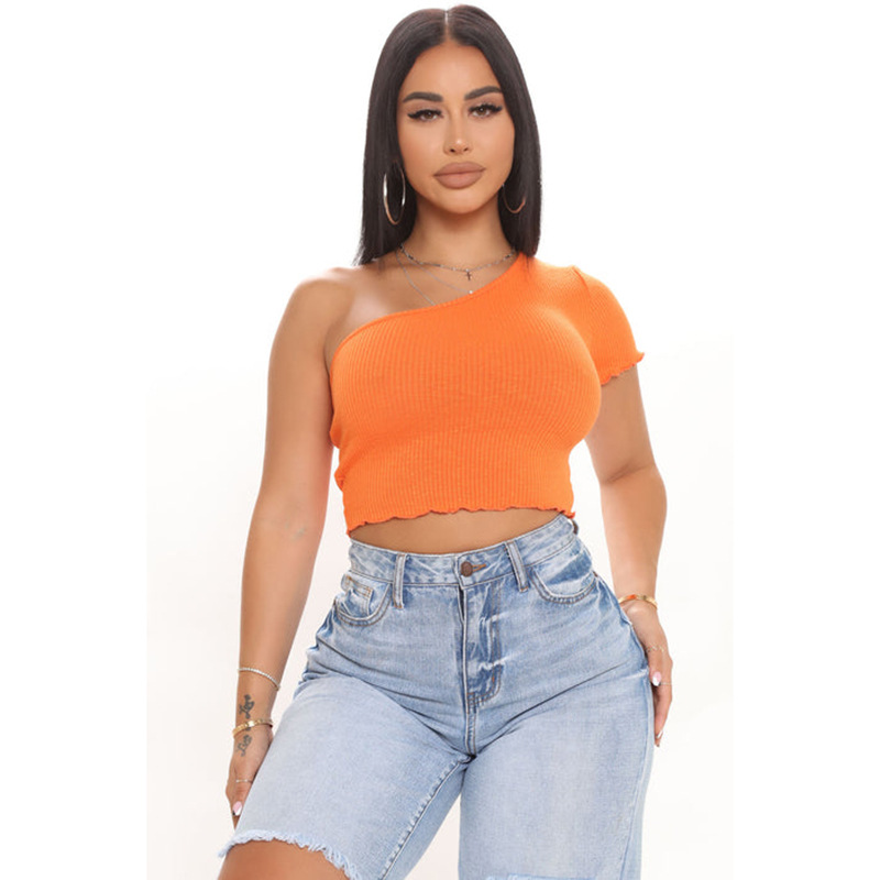 one-shoulder short sleeve solid color crop top NSBLS130376