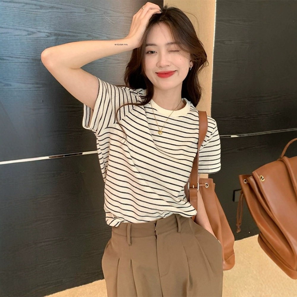 여성용 코튼 와플 스트라이프 반팔 티셔츠 트렌디 루즈 레이지 스타일 탑 다용도 티셔츠 봄 여름 바닥 셔츠