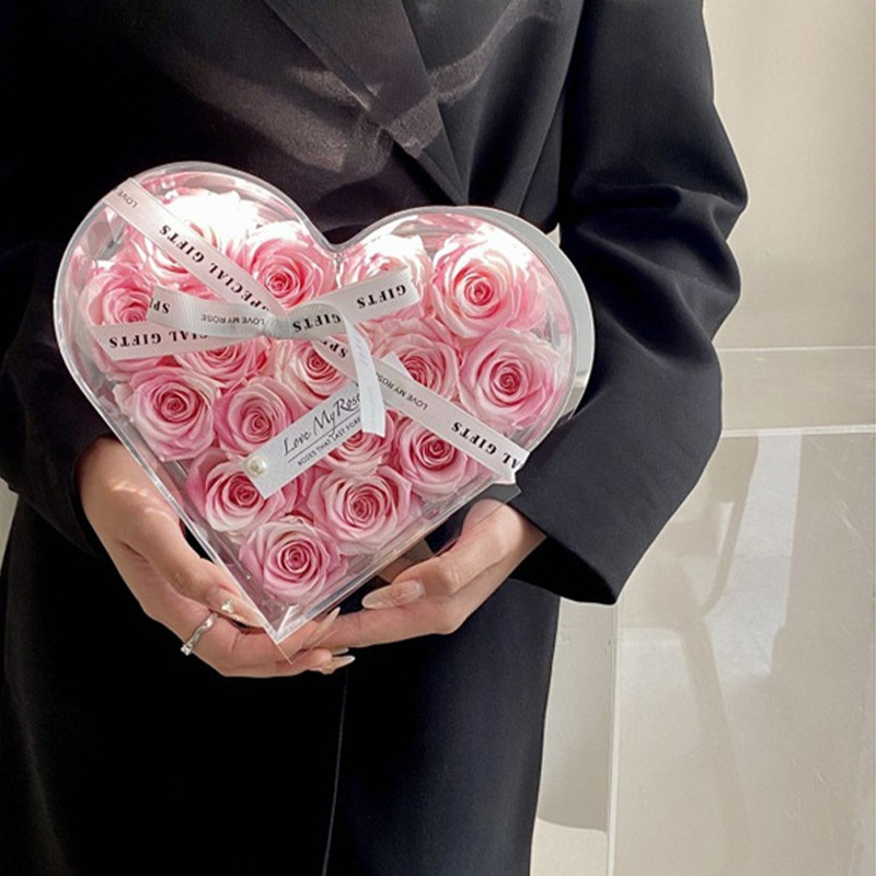 Rosa eterna de flores reales con temática de amor, producto terminado en caja de regalo acrílica, un regalo de alta gama para novia en el Día de San Valentín chino.