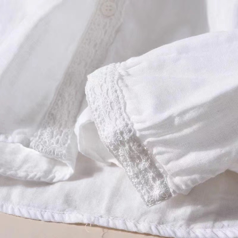 Camisa retro de algodón y cáñamo de color liso para mujer, primavera/verano 2024, nueva camisa holgada de manga larga con encaje y panel de encaje._voghion.com