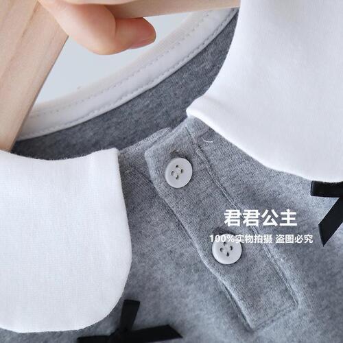Baby girl collared t-shirt with color-blocked butterfly bow, long-sleeved, children's innerwear, spring and autumn style