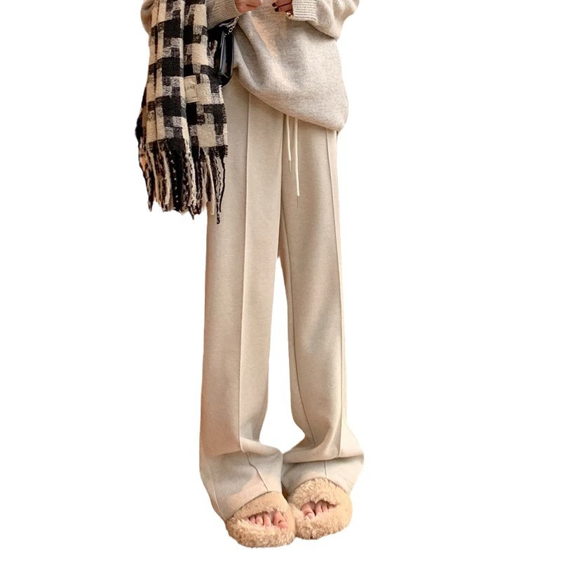 Pantalones de piernas anchas de herringbone para mujeres 2024 primavera y otoño invierno de cintura alta pantalones de lana casuales sensación de caída de tamaño pequeño pantalones recto estrechos