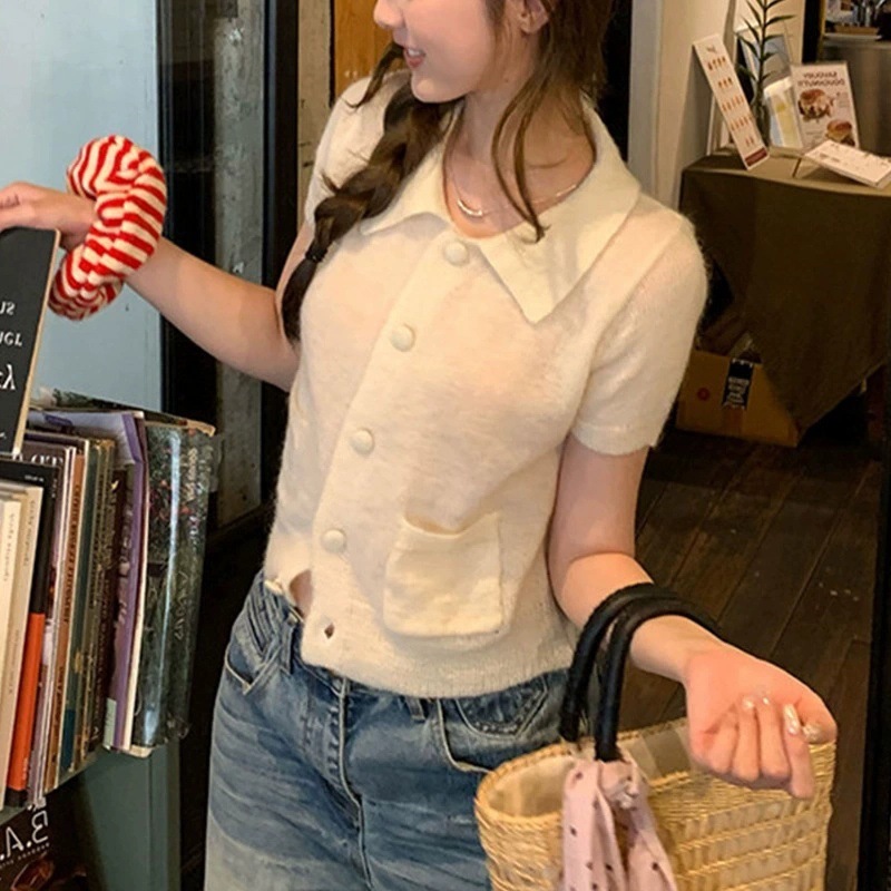 Coreano dulce cuello de muñeca de punto de manga corta cardigan de moda única hermosa chaqueta de verano Miu cardigan image 5