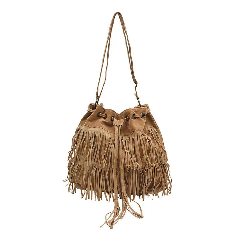 Manufacturer Wholesale Bags, Fashionable Soft Velvet Frosted Tassel Women's Bag, Drawstring Bucket Shoulder Crossbody Bag, One-Piece Dropshipping