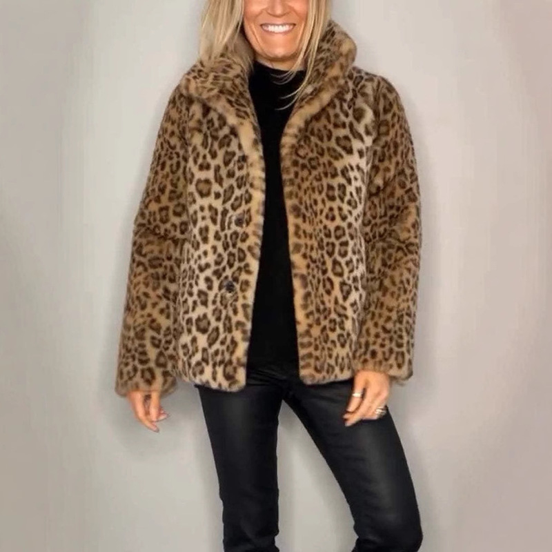 2025 Winter New Foreign Trade Women's Coat Independent Station Best Selling Fashion Leopard Print Lapel Faux Fur Tweed Top
