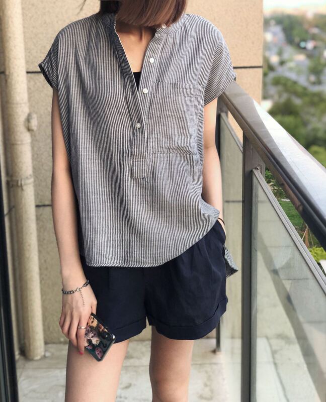 Foreign Trade Daily Single Spring and Summer Double-Layer Cotton Yarn Baby Yarn Stand Collar Raglan Short-Sleeved Loose Mid-Length Casual Shirt for Women