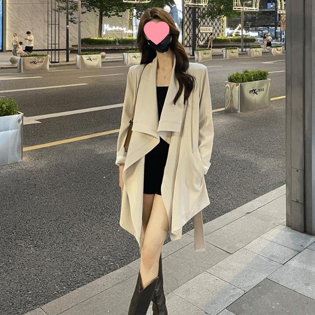 Fashionable Women's Coat for Spring and Autumn, Solid Color, Large Lapel Design, Tie Waist, Slimming Trench Coat, British Style