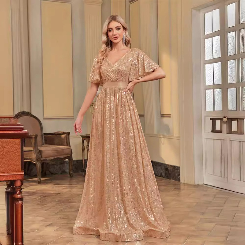 New 2023 Gold Beaded dress Dress Short-sleeved Slim-fit Fishtail Bridesmaid Banquet Evening Dress for Women