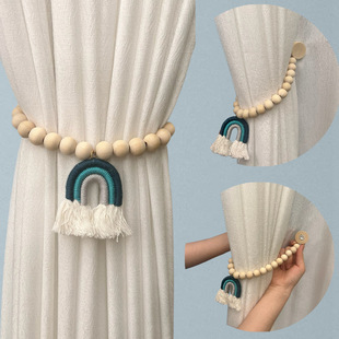 Factory Direct Sales of New Simple Rainbow Curtain Straps with Wooden Beads Magnetic Buckles Cross-Border Curtain Straps Wholesale Manufacturers