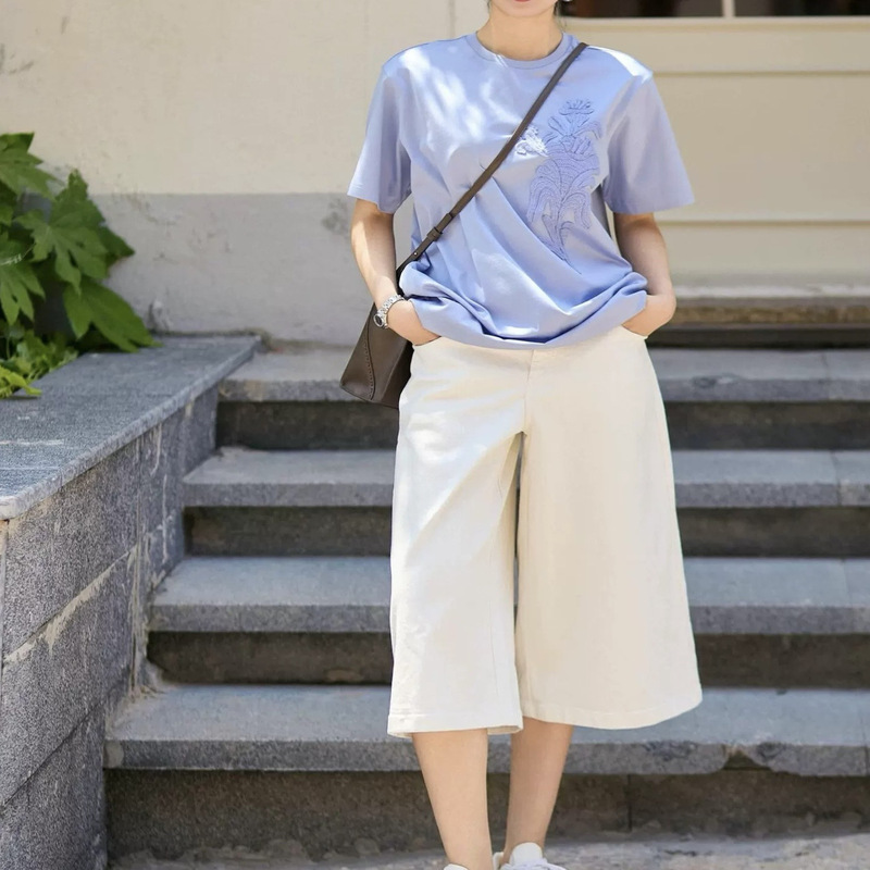Tencel Hemp Denim Wide-Leg Pants Cotton-Linen Straight Cropped George Pants Boyish Style Casual Loose Cropped Pants