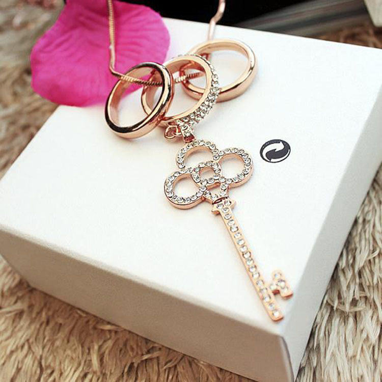 Korean Style Fashionable Long Ring Diamond Inlaid Key Sweater Chain Necklace Popular Cross-Border Al