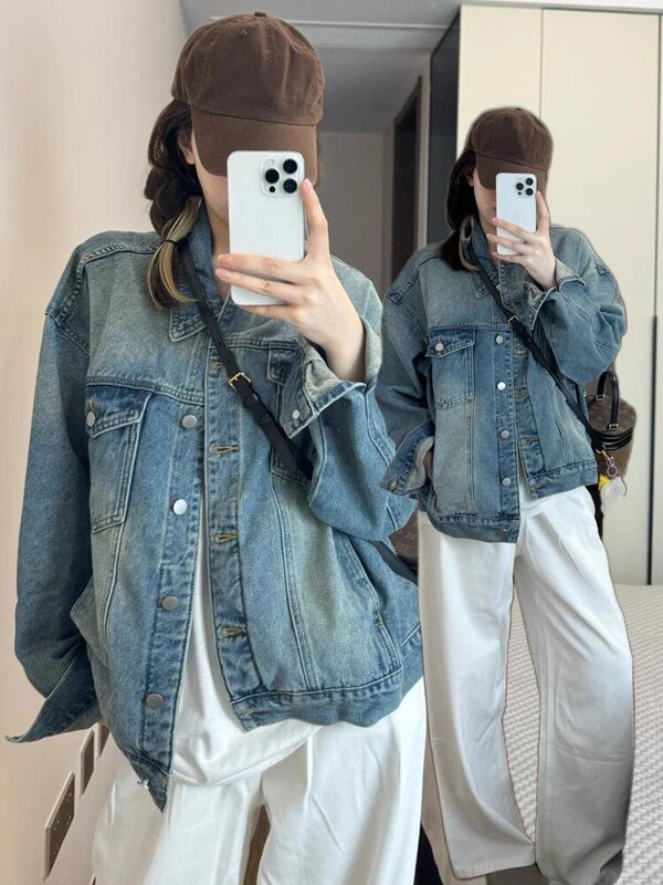 美式复古水洗做旧牛仔外套女2025秋季新爆款宽松休闲韩版夹克上衣|undefined