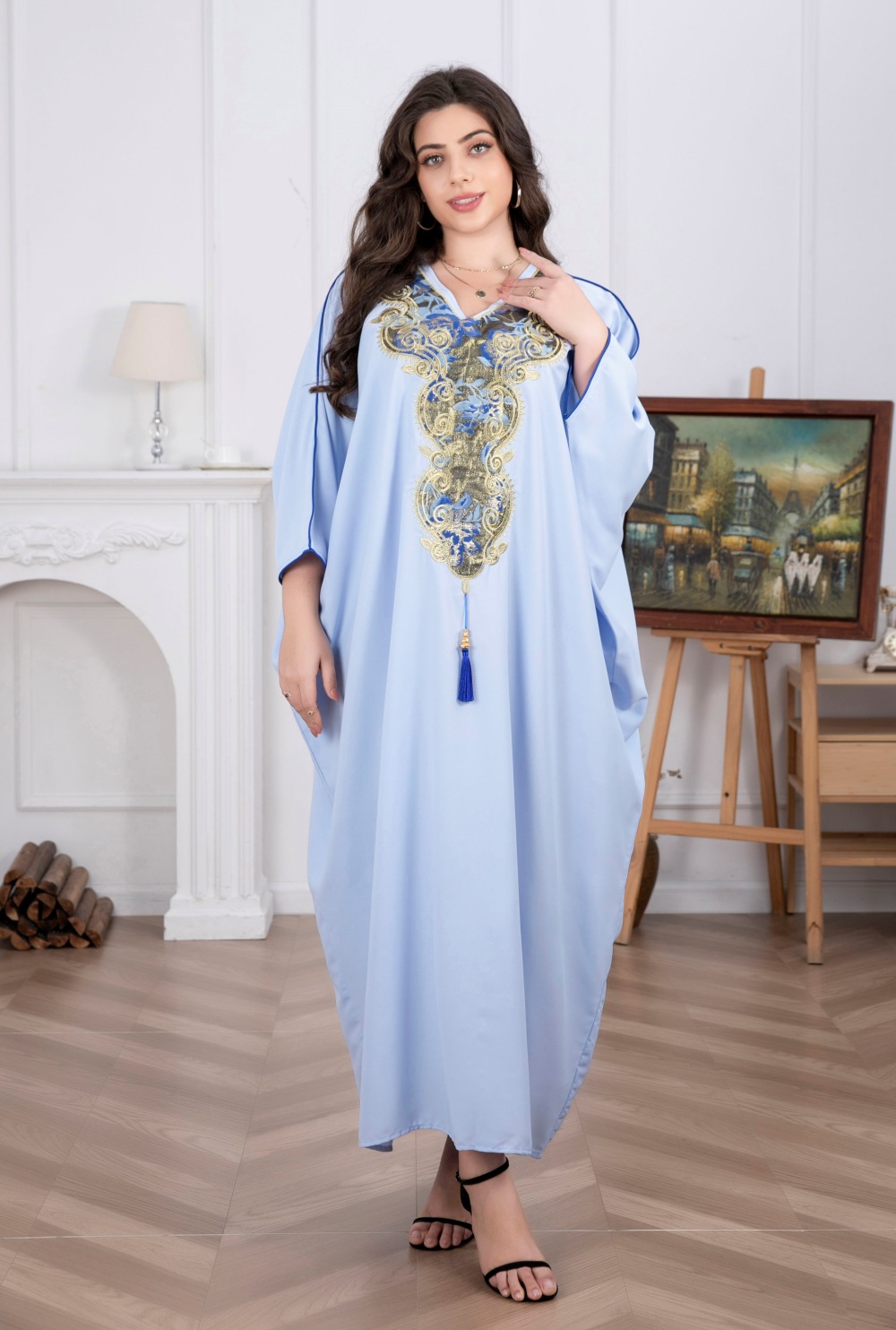 Indonesian-Middle Eastern Cross-border Women's Robe With V-neck, Embroidery, And Tassels, Elegant Arabic Robe,_ecoleips.com