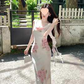 玉夏冰瑰温柔纯欲斜裁*荡领修身性感显瘦夏季连衣裙图片色修身型