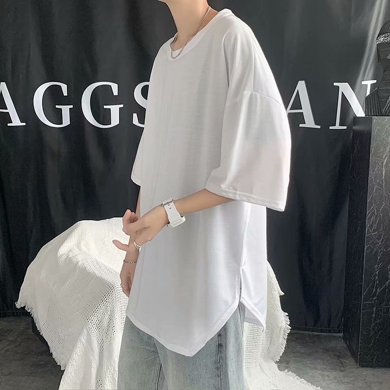 여름 반팔 티셔츠 남성용 심플 이너 V 스플릿 라운드 넥 루즈한 하프 슬리브 탑 한국 유행 힙합 티셔츠 트렌디