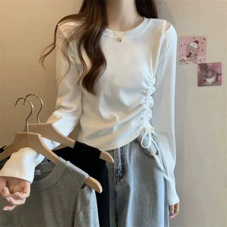 修身显瘦不规则短款秋冬长袖t恤女装打底衫抽绳内搭打底衫上衣服