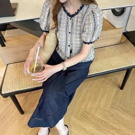 2025法式碎花短袖衬衫宽松显瘦复古文艺泡泡袖衬衣女百搭上衣T572