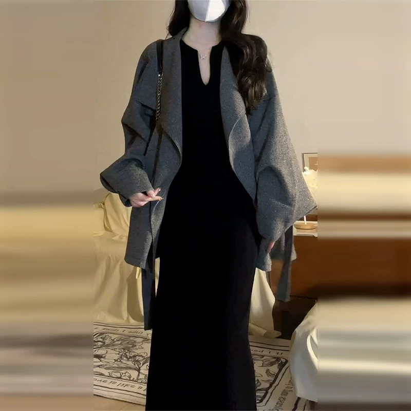 Черное трикотажное платье с v-образным вырезом в стиле Хепберн для женщин, новинка весны 2025 года, облегающая длинная юбка с внутренней нижней частью