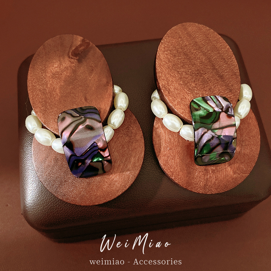 Aguja de plata resina de madera perla pendientes oval estilo simple pendientes ligero de lujo de alta calidad pendientes de nicho image 4