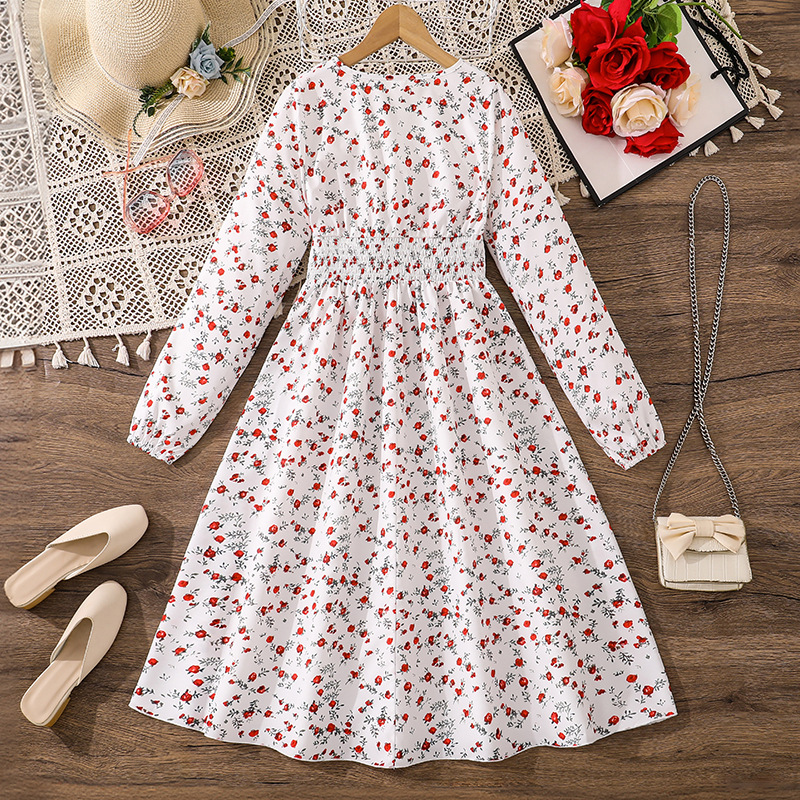 Comercio exterior transfronterizo ropa de niñas 2025 otoño nuevo estilo francés flores cortas mangas largas cintura adelgazante vestido de niños medianos y grandes