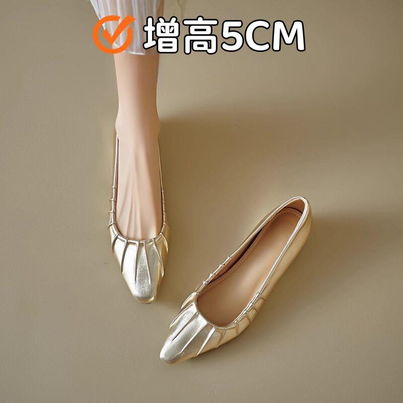 5CM internal height increase French pleated silver shoes for petite individuals, elegant ballet shoes with comfortable soft soles 5CM internal height increase French pleated silver shoes for petite individuals, elegant ballet shoes with comfortable soft soles