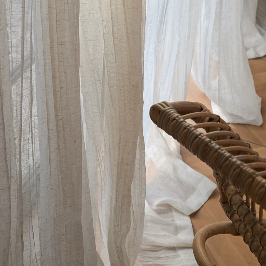 New Chinese-Style Japanese Wabi-Sabi Style Guesthouse Crinkled Linen Sheer Window Screen Semi-Transparent Rayon Linen Bedroom Living Room Natural Wood Style Window Screen
