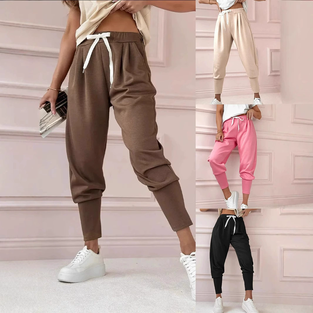 Женские спортивные брюки-джоггеры однотонные с карманами на шнурке, весна 2025, европейский и американский стиль, для трансграничной торговли на платформах Amazon и других независимых площадках