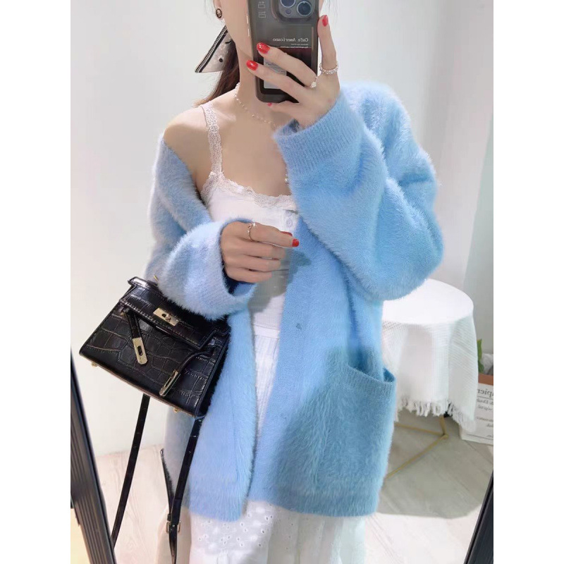 慵懒风仿水貂绒毛衣外套女秋冬日韩宽松大版口袋V领针织开衫女|undefined