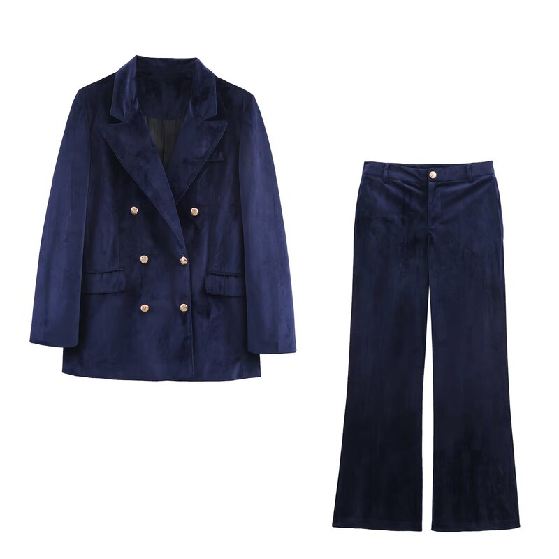 Cross-Border European and American Clothing Aliexpress Popular Early Autumn Fashion Velvet Suit Jacket and Bell-Bottom Pants Suit